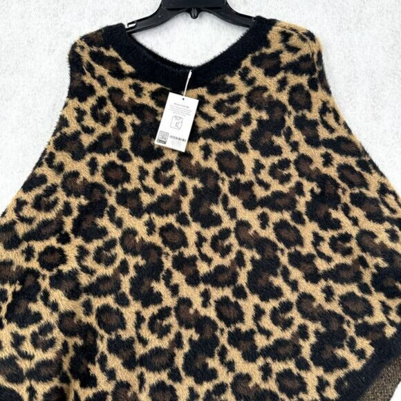 Simply Noelle Poncho Plush Furry Chenille Black & Tan Leopard One Size Sweater - Picture 3 of 8
